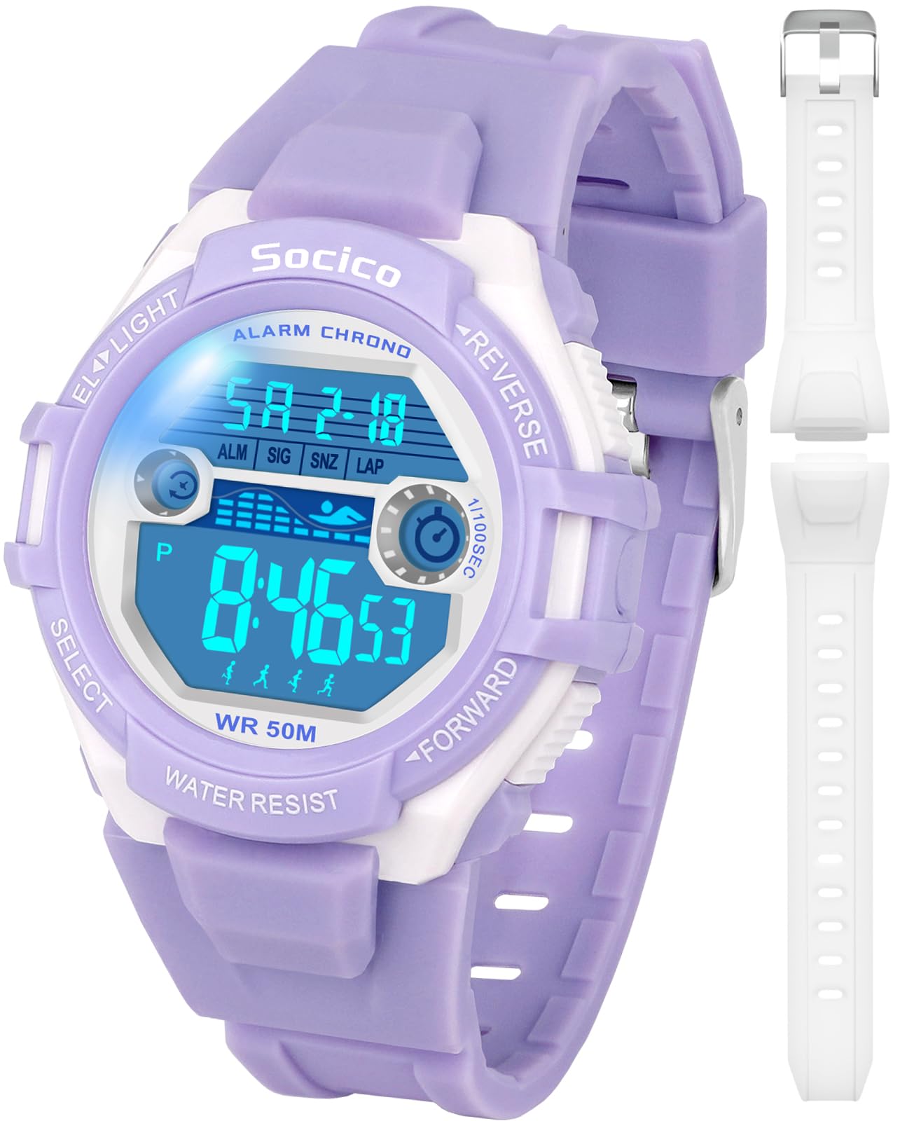 SOCICO Reloj Digital Infantil para niños niñas, 2 Correas de Silicona Intercambiables, Reloj Deportivo Resistente al Agua hasta 50M con retroiluminación de 7 Colores, Alarma y cronómetro Global Recycled Standard Global Recycled Standard Global Recycled Standard