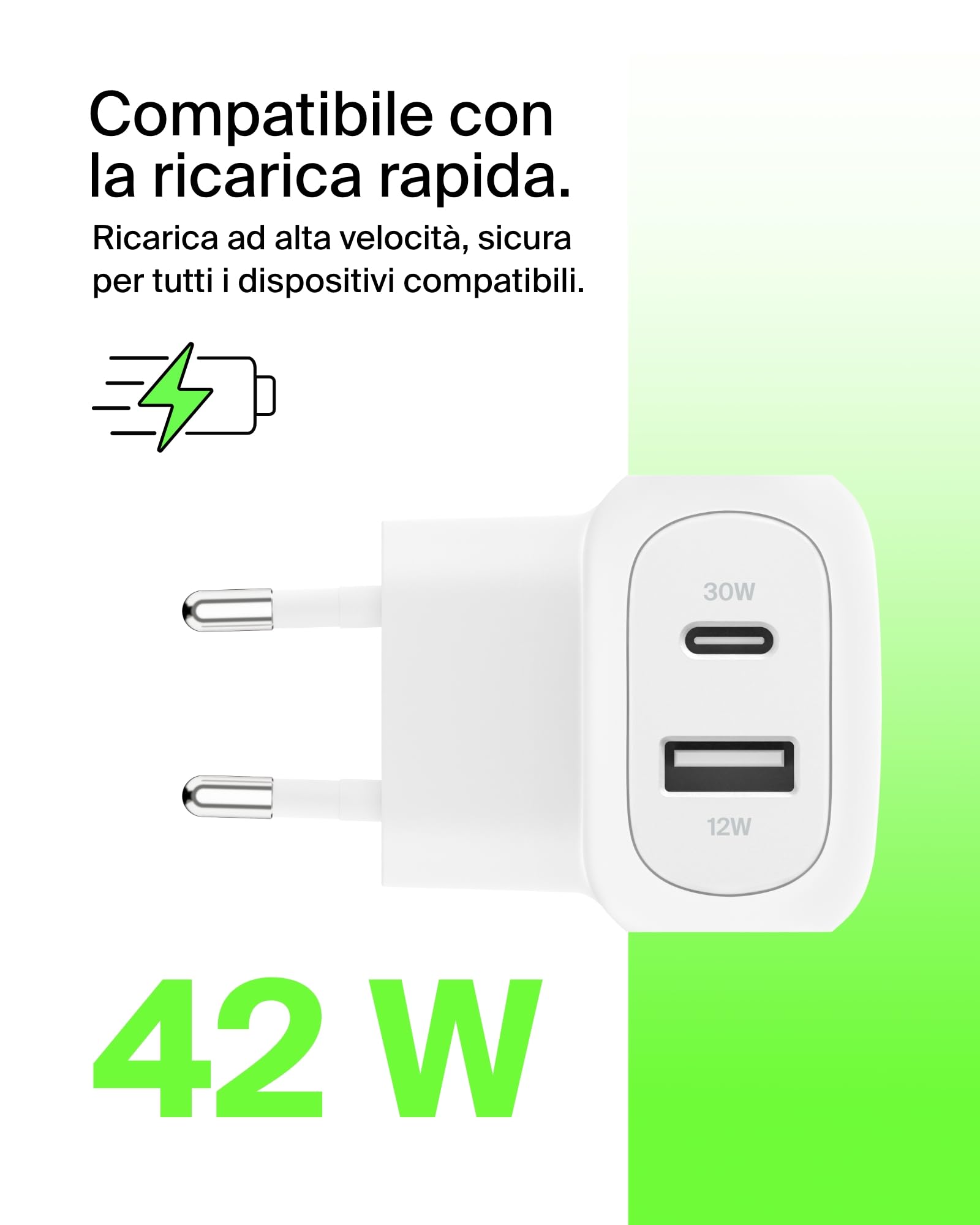 Belkin BoostCharge doppio caricatore usb da parete da 42 W, ricarica rapida USB-C + USB-A per iPhone 16,16 Plus,16 Pro,16 Pro Max,15,15 Pro Max, 14,Galaxy S24, Plus,Ultra,iPad,AirPods e altri, bianco