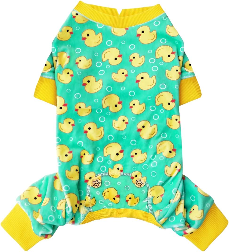 KYEESE Dog Pajamas Velvet Dog Pajamas Small Sized Dogs Soft Dogs Clothes Pjs with Yellow Ducks Pattern Stretchy Pet Jammies Coat Comfy Pet Onesie Costume, X-Large