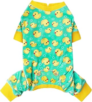 KYEESE Dog Pajamas Stretchy Pet Jammies Coat Comfy Pet Onesie Costume Velvet Dog Pajamas Small Sized Dogs Soft Dogs Clothes Pjs with Yellow Ducks Pattern, Large