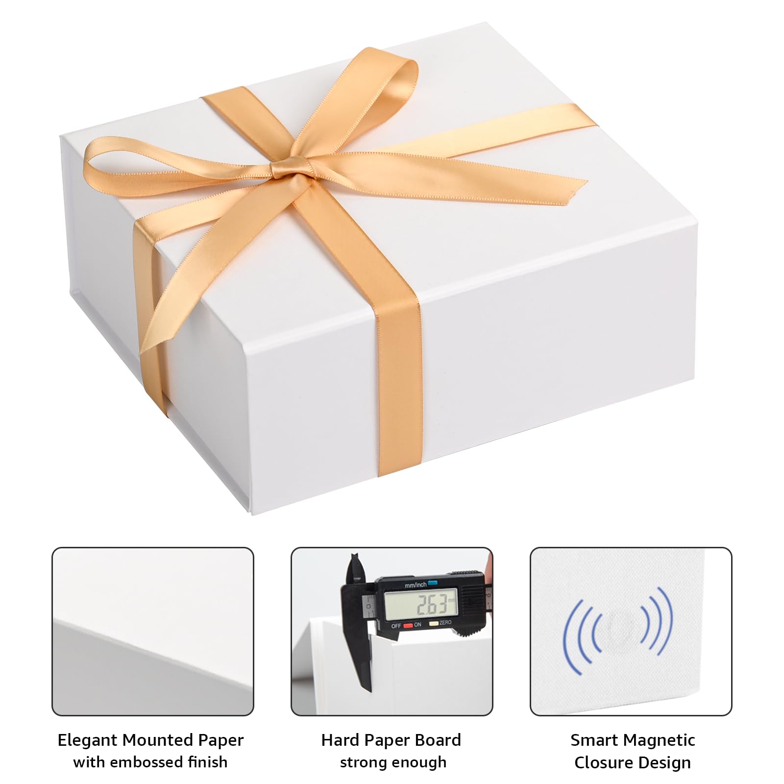 LIFELUM Lot de 5 grandes boîtes cadeau blanches de 20,3 x 17,8 x 7,6 cm avec couvercle magnétique pour cadeaux avec ruban, carte, papier déchiqueté pour maman, anniversaire, Noël