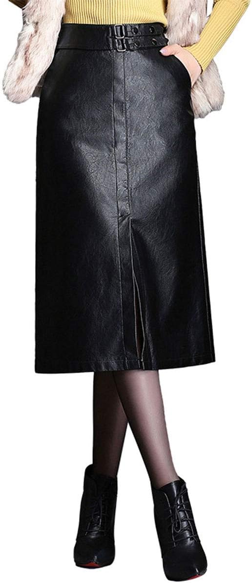 ebossy Women's High Waisted Split Slit Hem A-Line Faux Leather Midi Skirt