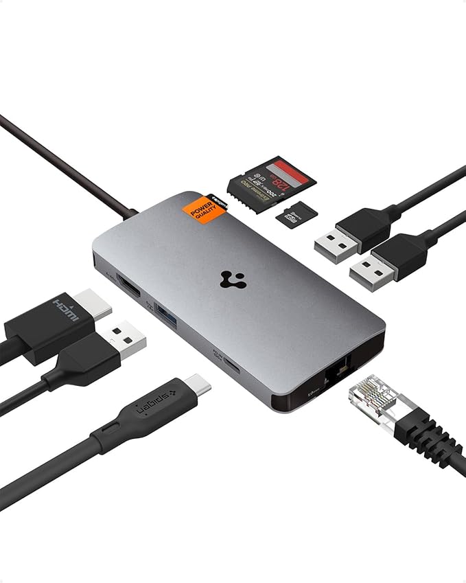 Spigen ArcDock USB C Hub, 9-in-1 100W PD 3.0 4K 60Hz HDMI Port 5Gbps USB C und 3 USB A Datenanschlüssen Ethernet Anschluss microSD/SD Kartenleser für MacBook Pro Air M1 M2 Steam