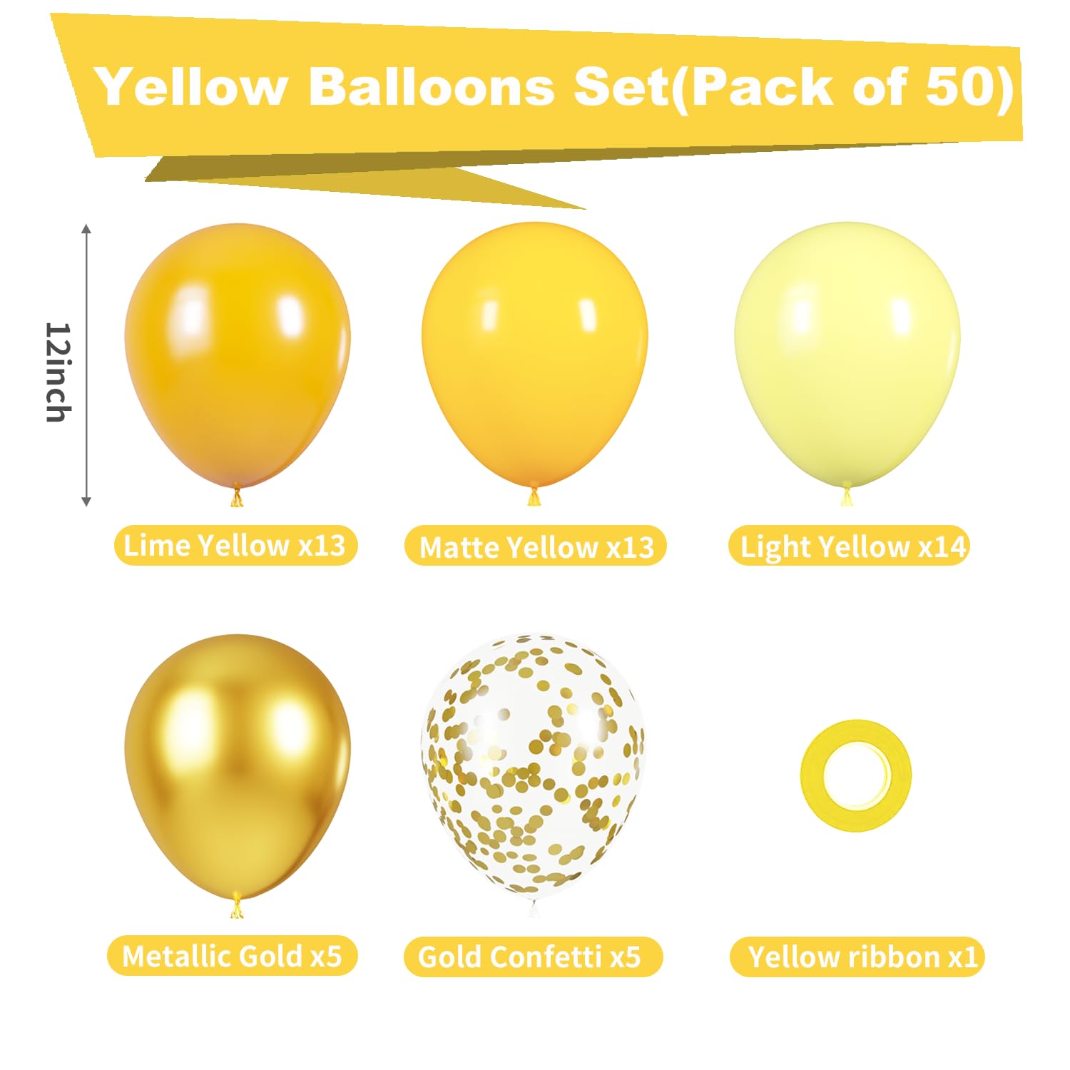 Yellow Balloons Kit, 50Pcs 12in Matte Yellow Latex Balloons, Light Yellow and Metallic Gold Balloons for Birthday Wedding Baby Shower Bride Sunflower Theme Party Decoration