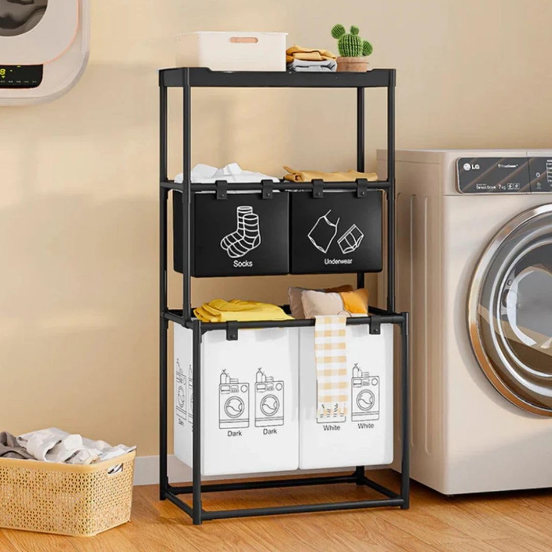 Cesta da lavanderia a 3 livelli – Organizzatore indipendente con 4 contenitori di grande capacità (44x31x97 cm)