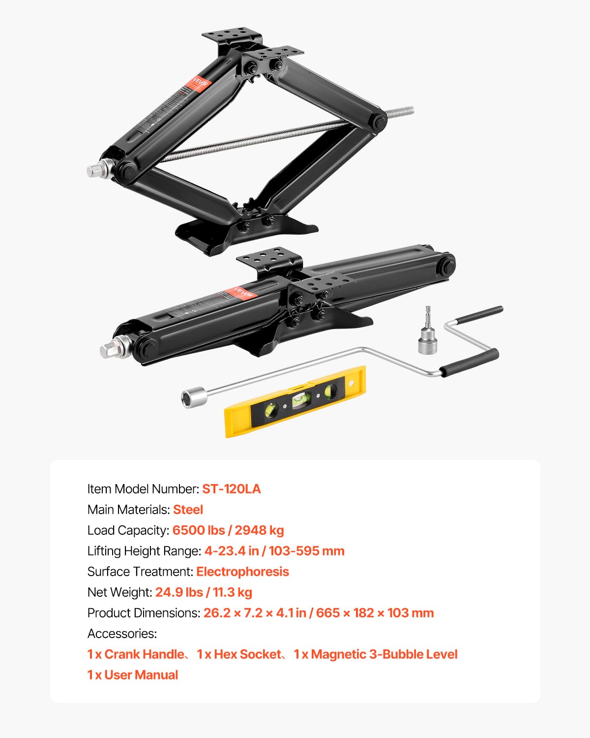VEVOR Gatos de Tijera de 2948 kg para Vehículos Recreativos, Estabilizadores de Alta Resistencia con Manivela, Nivel de Burbuja y Enchufe, no Se Doblan ni Deforman Fácilmente, 665 x 182 x 103 mm