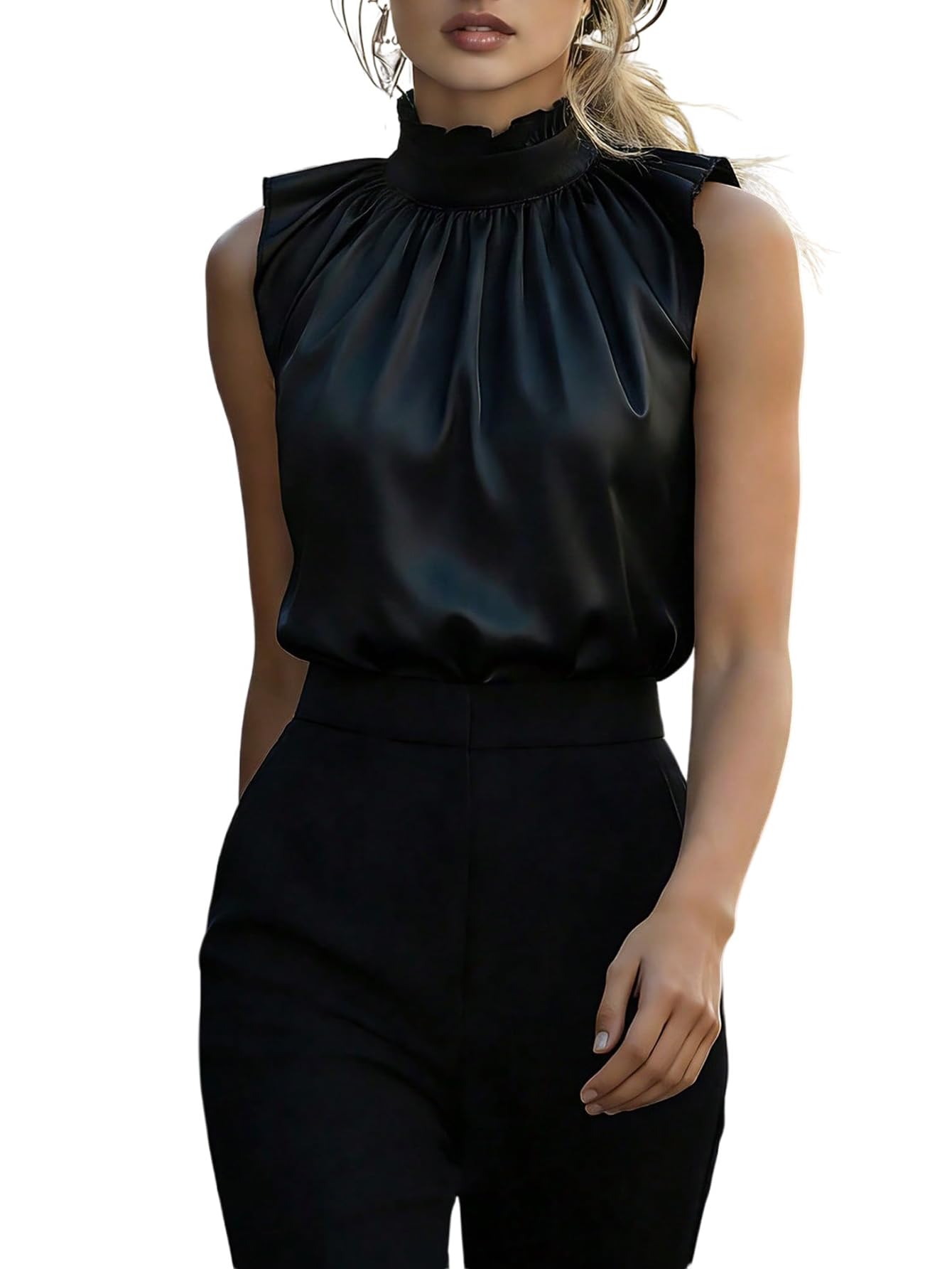 GORGLITTER Blusa elegante de satén para mujer, sin mangas, con ribete de volantes, parte superior de oficina, túnica festiva, cuello alto