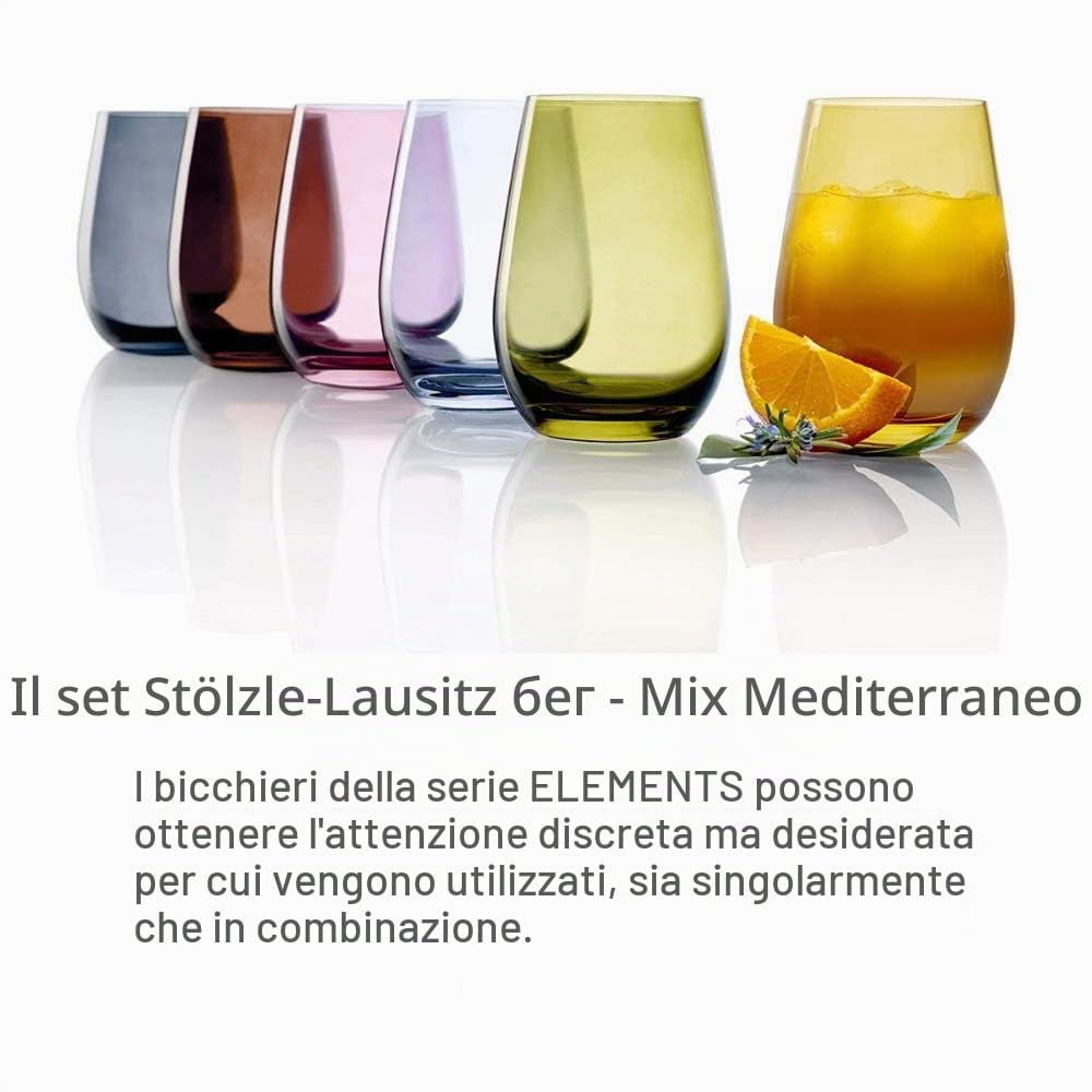 Stölzle Lausitz Bicchieri Acqua Elements Mix Mediterraneo – Set 6 Bicchieri Colorati da 465ml in Cristallo Senza Piombo – Per Acqua Succhi Cocktail – Resistenti e Lavabili in Lavastoviglie
