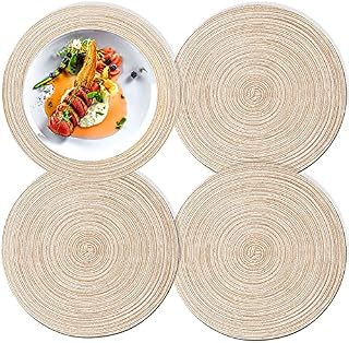 Table Place Mats Set of 4, Round Braided Woven Placemats,Hand-Woven 15 Inch Table Mats, Non Slip Washable Place Mat Home Kitchen, Dining Table, Outdoor, Christmas Party
