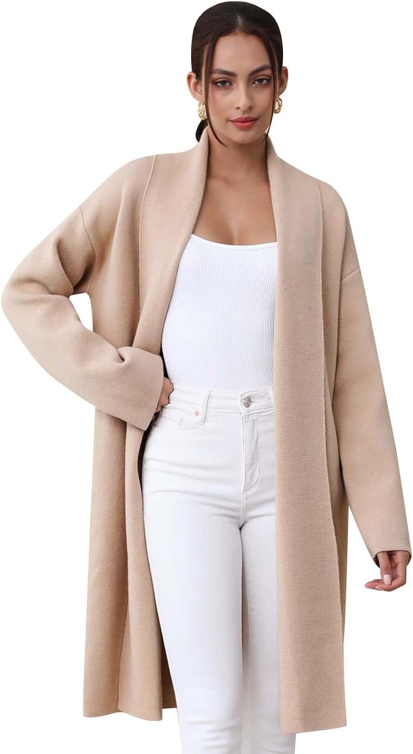 CHICWISH Women Shawl Collar Long Sleeve Cardigan Casual Open Front Knit Sweater Soft Long Coat with Pockets