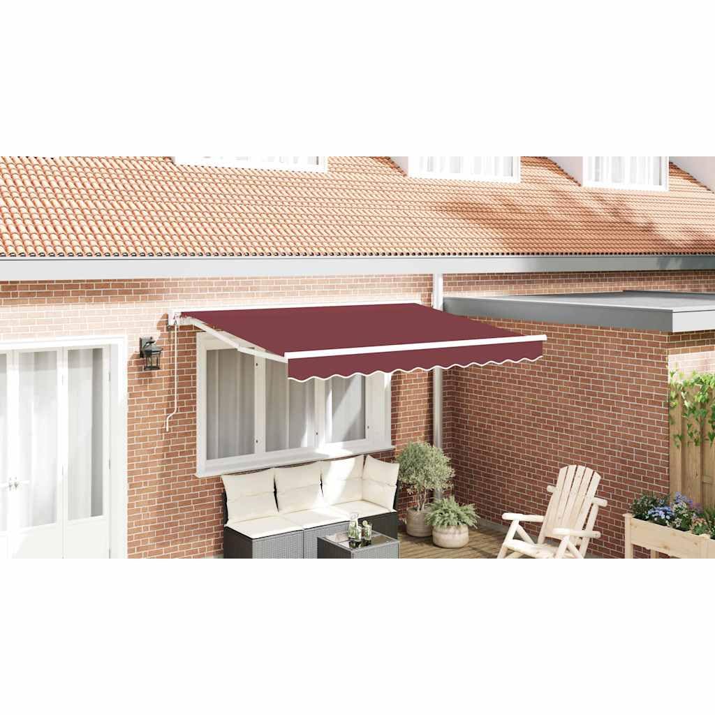 Rama markizy bordowa 300 x 200 cm wykonana z poliestru z powłoką poliuretanową, malowana proszkowo rama aluminiowa, ręczna korba lub elektryczny pilot zdalnego sterowania, na balkon