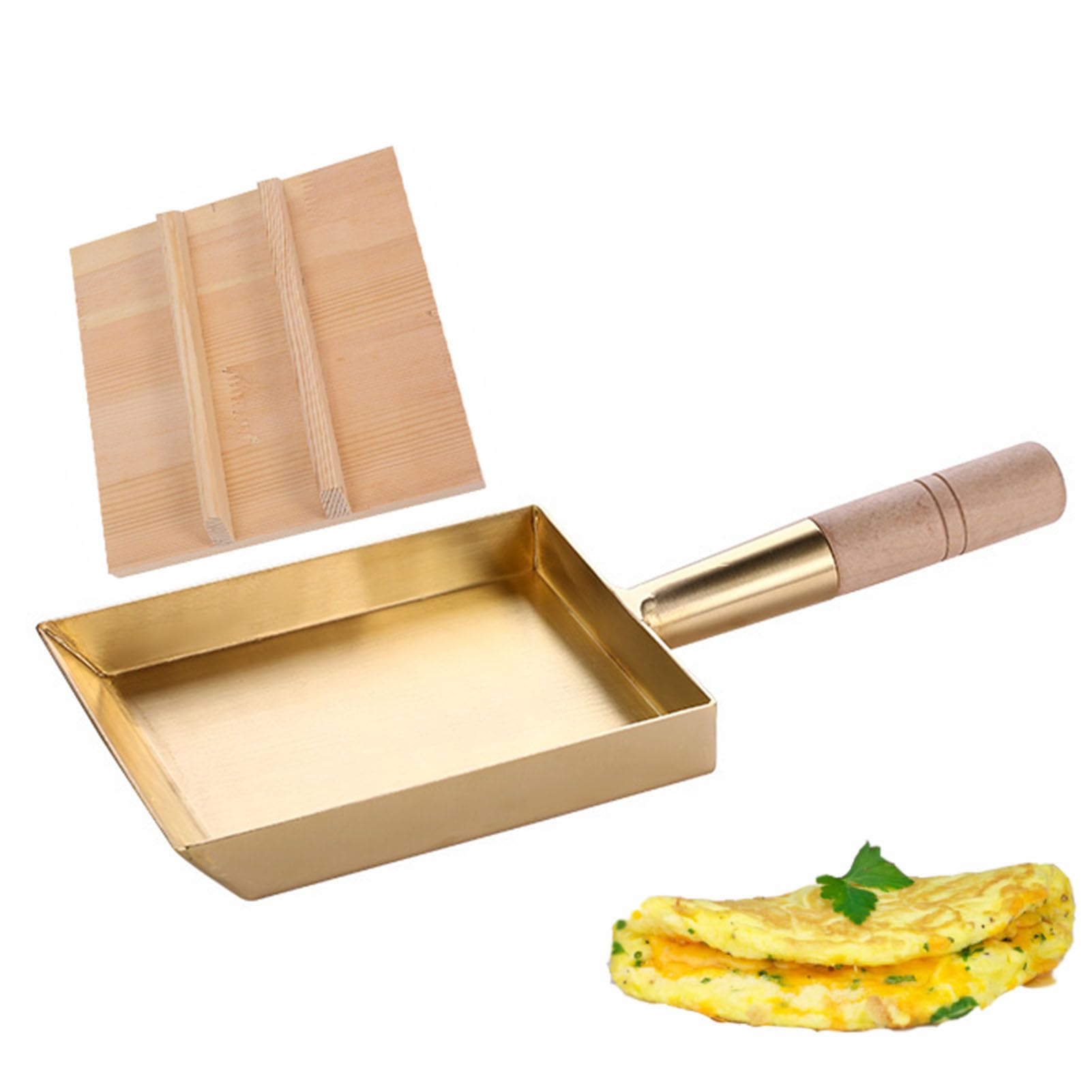 Yiustldd Salmon Copper Tamagoyaki Pan, Japanese Omelette Pan Nonstick Frying Pan With Wooden Lid & Handle For Enjoy Very Fluffy And Mellow Rolled Eggs,20X15cm