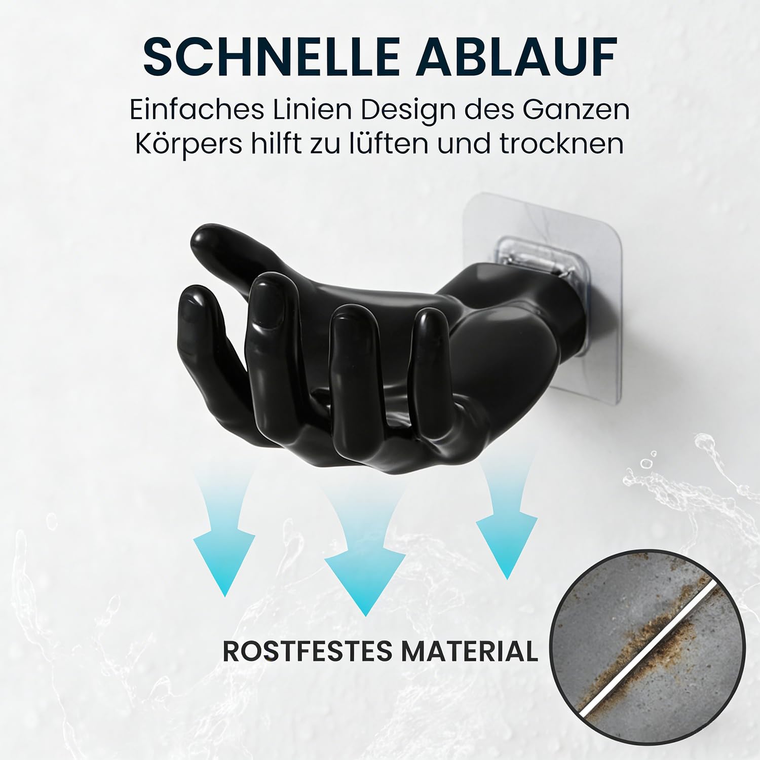 Handförmige Seifenschale selbstklebend ohne Bohren – 5 Haken. Wandmontage, Kunststoff, schimmelresistent (Mold), seifenhalter mit Ablaufrinne. seifenschale dusche, Badezimmer seifenhalter(schwarz) - 3