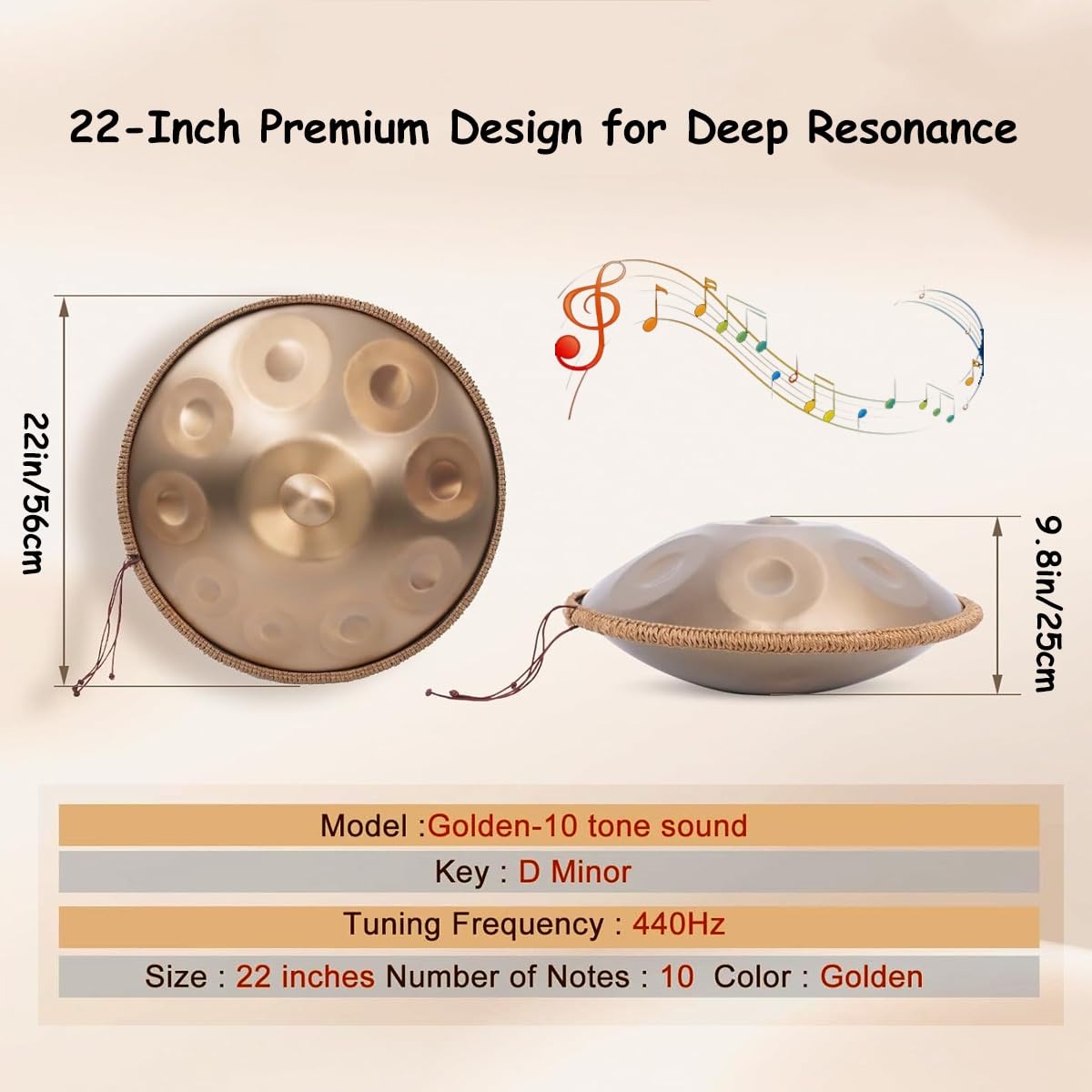 Tamburo A Mano 56cm, 10 Note In Re Minore, Handpan Strumento A Percussione Con Mazze, Supporto E Borsa Per Trasporto, Tamburo Sonoro Curativo Per Adulti Principianti(Gray)