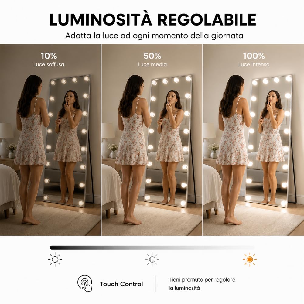 Shally Dogan Specchio XXL Hollywood Figura Intera Indipendente con Struttura in Alluminio con Led Bulbi a 3 Colori Dimmerabile, Bianco Caldo, Freddo e Neutro, Decorazione Interna 60 x 160 cm