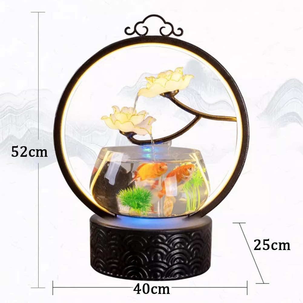 Innen-Desktop-Wasserspiel-Aquariumbrunnen, Aquarium Mit LED-Lichtring, Glasaquarium Mit Keramiksockel, Künstlicher Landschafts-Desktopbrunnen,C
