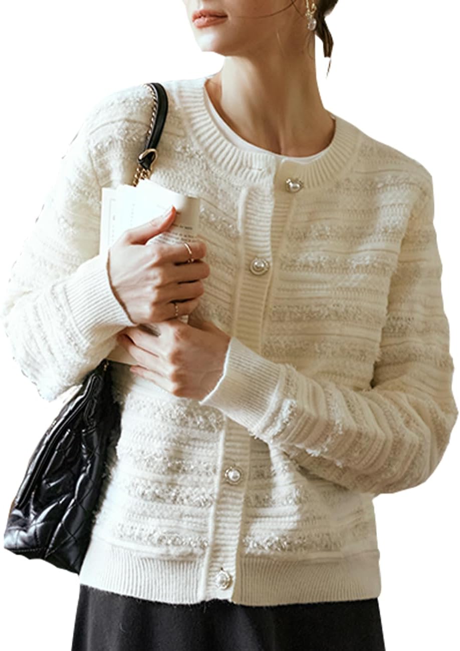 Women's White Sweater, Ribbing Crew Neck Fuzzy Cardigan with Pearl Button, Ladies Long-Sleeve Sweater Coats