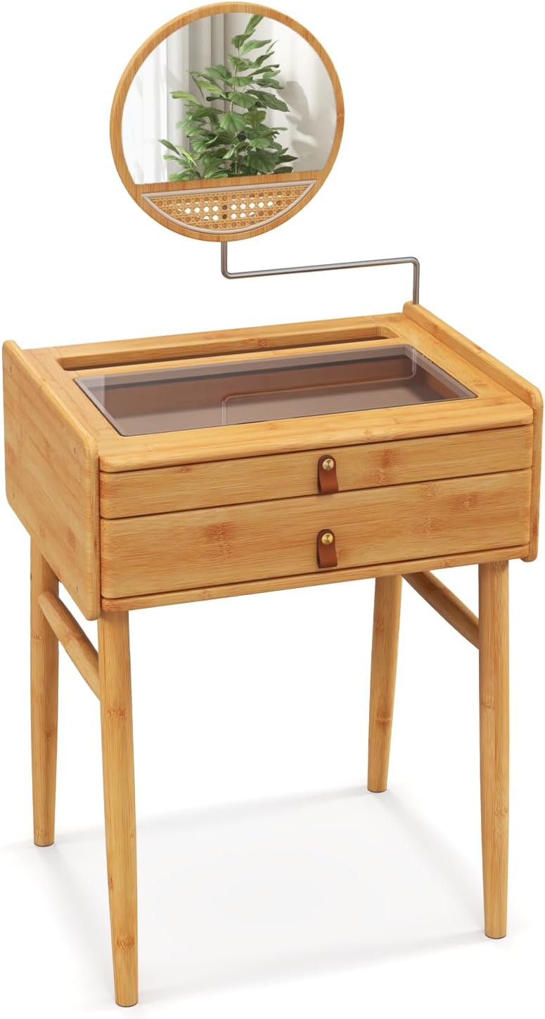 LDAILY Bamboo Vanity Desk with Mirror, Farmhouse Makeup Vanity Table with Rotating Mirror, Natural Wood Vanity with 2 Storage Drawers and Tempered Glass Table Top for Small Space Bedroom