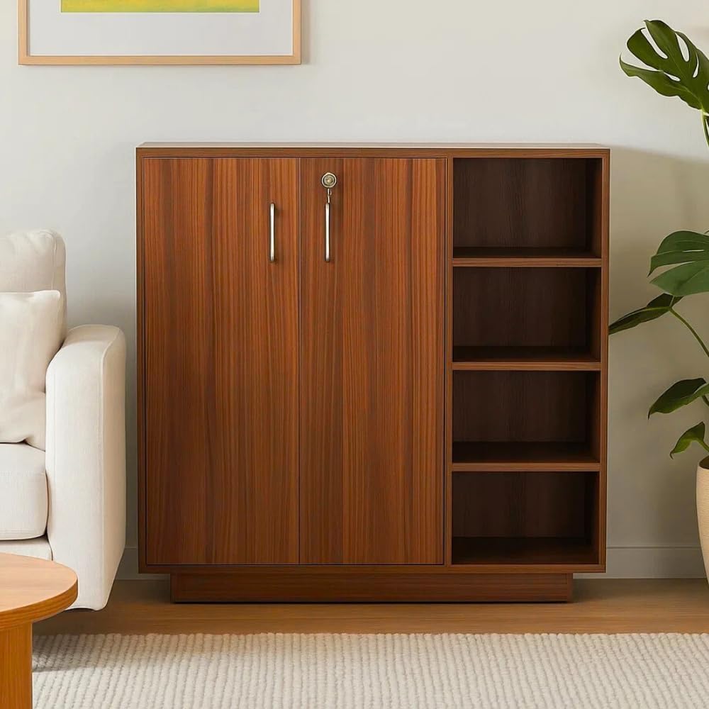 EPSEN Wooden Shoe Rack with Door & Lock | Engineered Wood Storage for 20–25 Pairs | 3 Closed Compartments & 4 Open Shelves | German Hardware | Classic Walnut-image-44