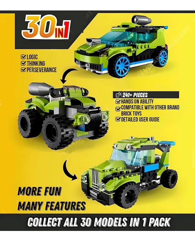 Image of Sky Tech Architect 30 in 1 Rocket Rally Racing Cars Building Blocks | 241+ Pieces | Creative Construction Toy for Kids | DIY Brick Robot, Jet, Ship Models Play Build Skill | Ideal for Boys & Girls