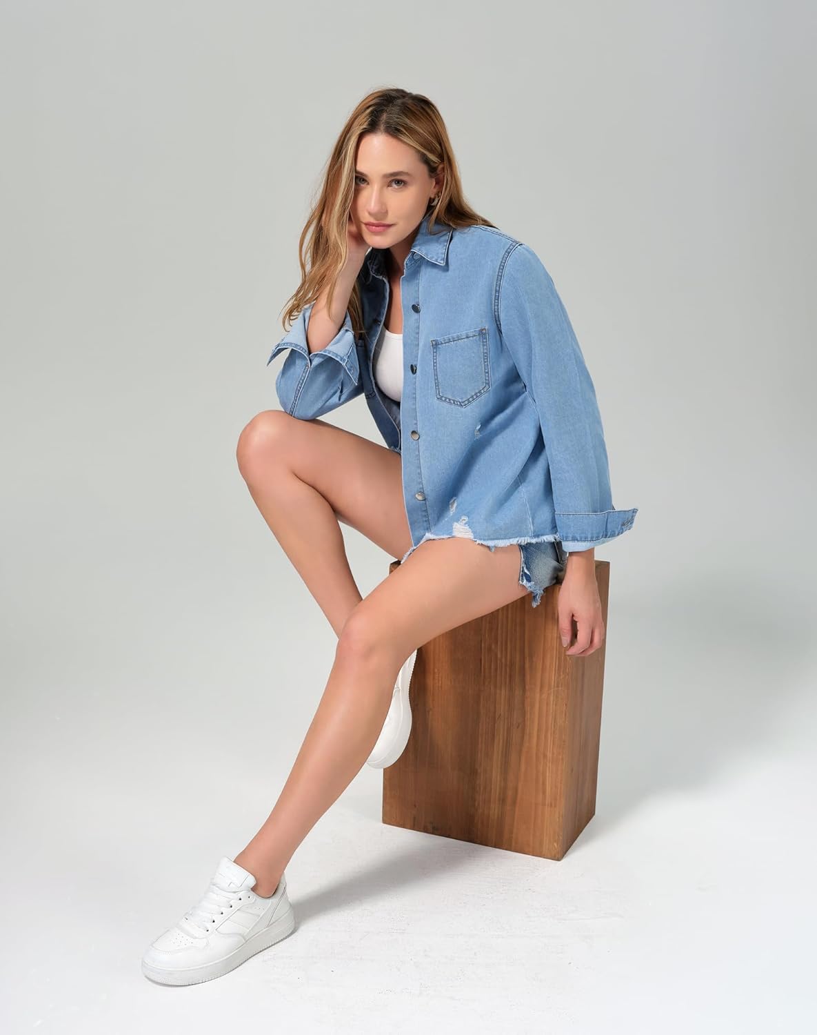 roswear Women’s Denim Shirt Long Sleeve Fringe Casual Distressed Jean Shirts Fall Clothes - Image 8