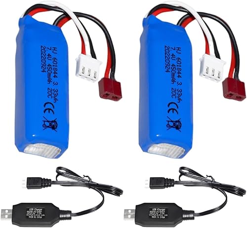 Paquete de 2 baterías de iones de litio de 7.4 V 450 mAh 20C RC para WLtoys K969 K979 K989 K999 P929 P939 RC Car RC Boat con conector T y cable de