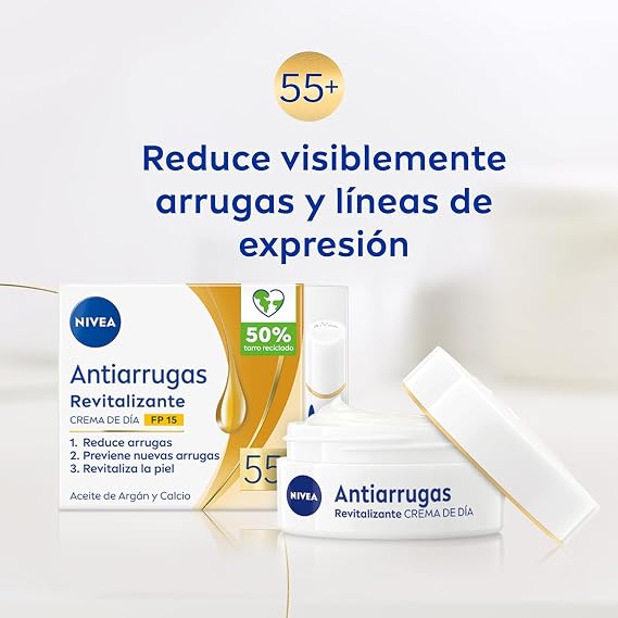 NIVEA Revitalizing Anti-Wrinkle Day Cream 55+ With Argan Oil, Calcium and UV Filters FP15 - Reduces Wrinkles and Expression Lines - Improves Skin Vitality - Hydrates - Mature Skin - 50ml