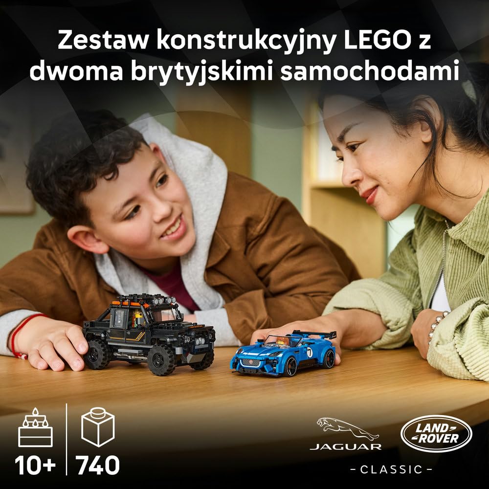 LEGO Speed Champions Jaguar Project 7 i Land Rover Defender 77264 | Model samochodu, zestaw klocków, prezent dla fana motoryzacji 10+, z minifigurką, 740 elementów