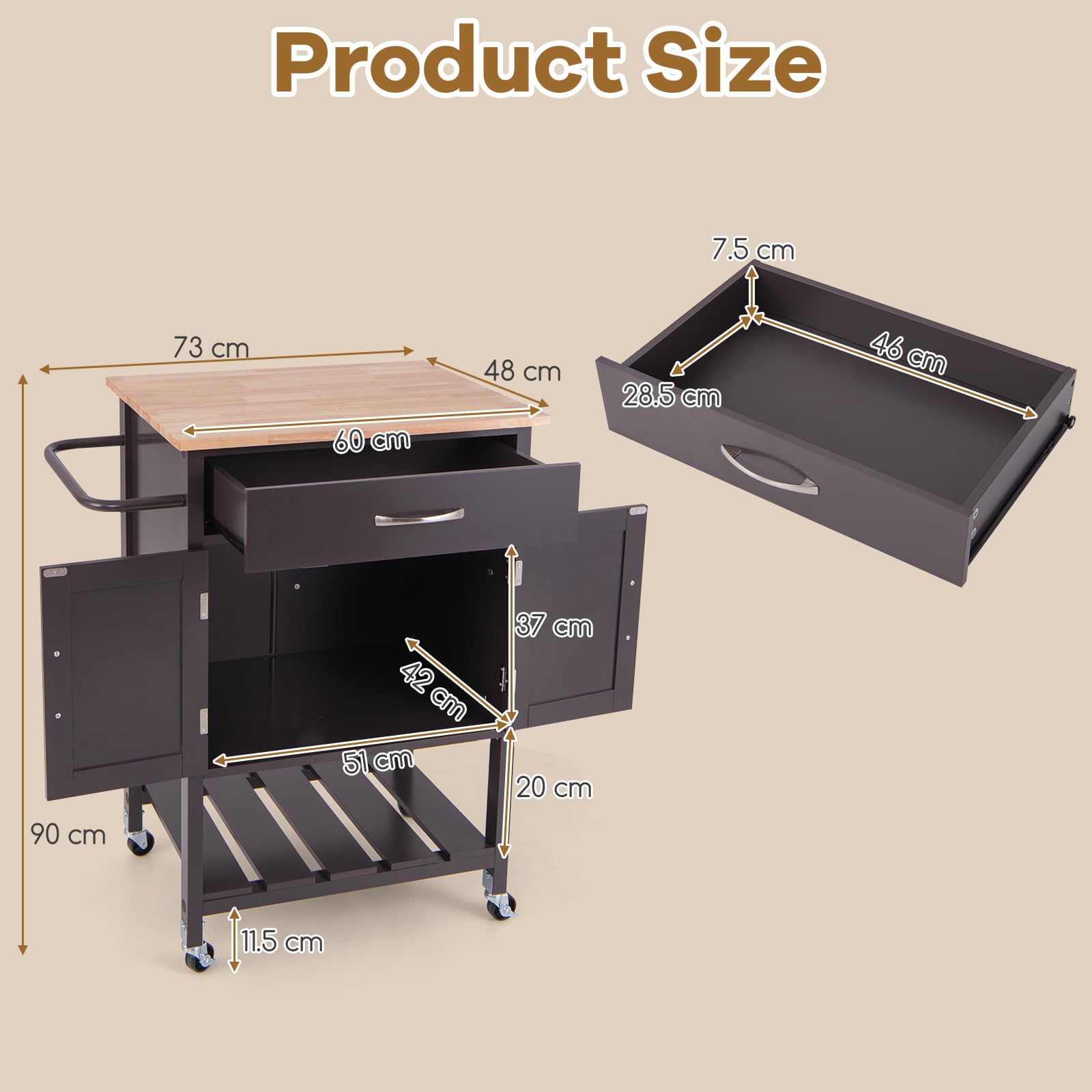 KOMFOTTEU Chariot de Cuisine, 1 Tiroirs & 1 Armoire à Porte, Desserte de Service avec Plan de Travail en Bois Massif, Desserte à roulettes, Plateau inférieur, 73 x 48 x 90 cm (Marron)