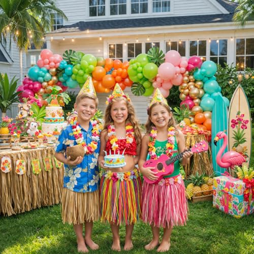 Image of Flamingo Hawaiian Tropical Balloon Garland Arch Kit,161 Pcs Fruit Green and Hot Pink Aqua Blue Orange Gold Balloons for Hawaii Summer Beach Pool Luau Birthday Baby Shower Party Decorations