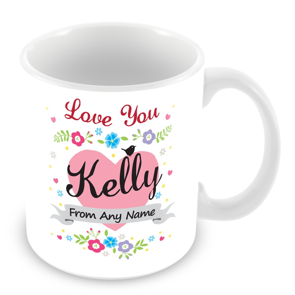 Personalised Mug with Name Kelly - Love Heart & Flowers Design Cup