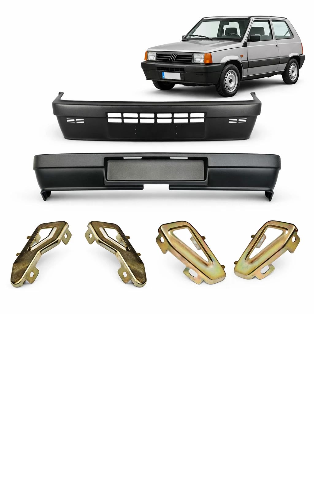 Kit Paraurti Anteriore e Posteriore con Staffe di Fissaggio Compatibile con Fiat Panda 141 | Set Completo in Plastica Nera | Ricambio per Restauro e Sostituzione
