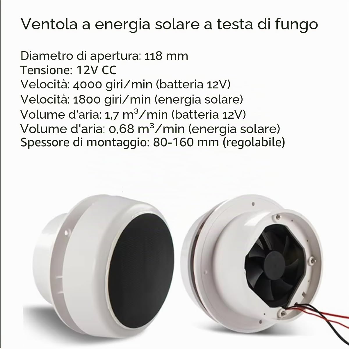 Ventilatore solare da tetto, 12 V, silenziatore, 1800 giri/min per camper T4 T5 T6, roulotte, barche e yacht