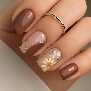 Ceboic 24pcs French Fake Nails, Short Square Brown Daisy Press on Nails, 12 Sizes, Natural Gel False Nails, Shine, Full Cover Acrylic for Women Girls Manicure