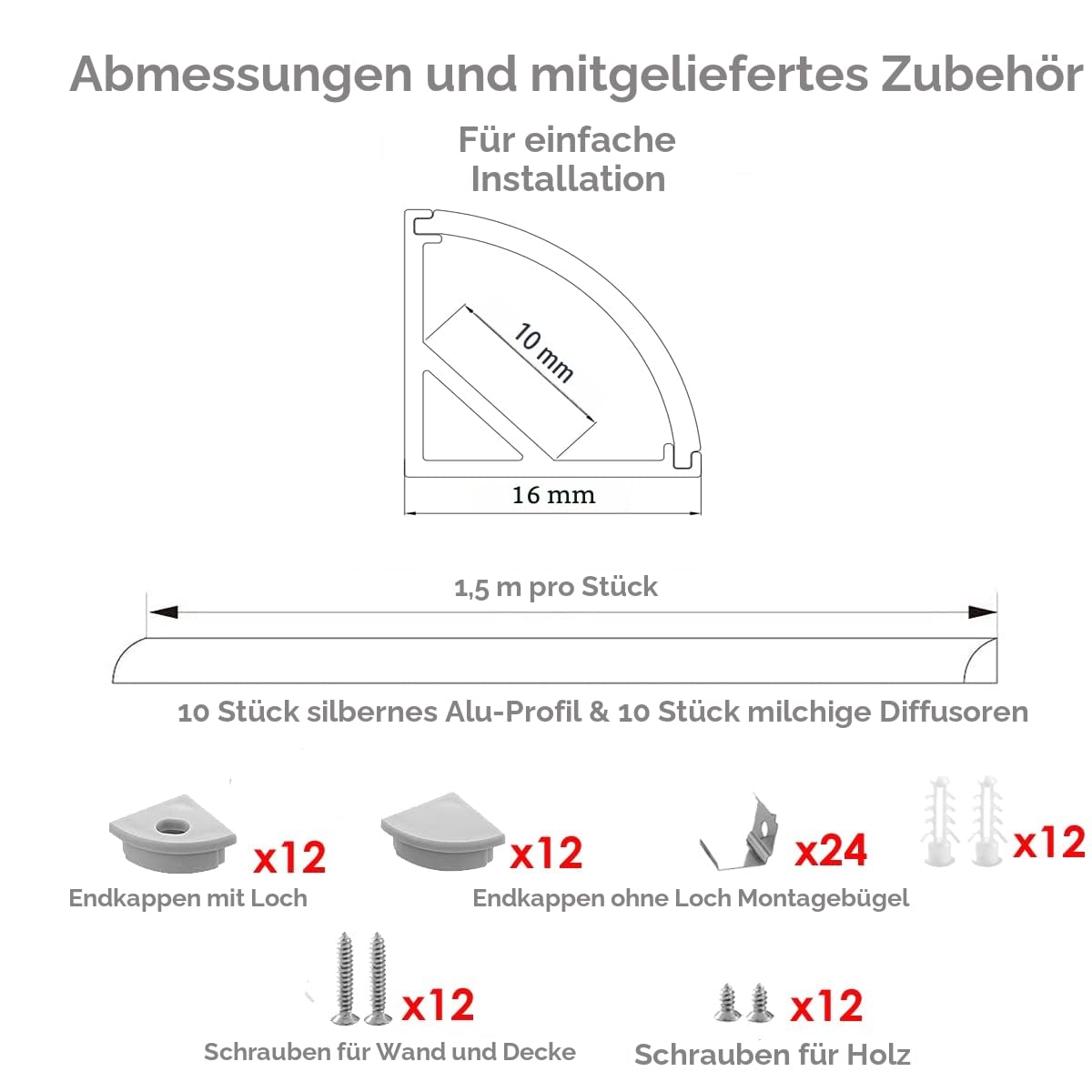 Besseto LED Eckprofil,10 x 1,5m LED Aluminium Profil 45 Grad Ecke,Streifen Licht Diffusor Profil Kanal mit milchiger Abdeckung,Endkappen und Montagehalterung,Aluprofil für LED Stripes/Streifen