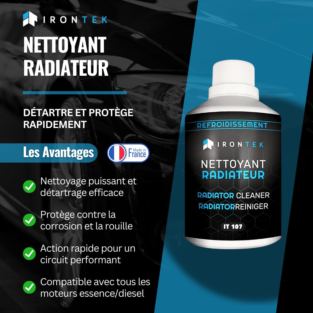 Nettoyant Radiateur et Circuit Refroidissement 300ml - IRONTEK | IT107 | sans démontage | Détartre Désemboue | Protège Contre Rouille | Action Immédiate | Auto & Moto