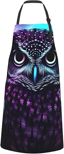 Miniatura 2 de Delantal ajustable con 2 bolsillos, delantales de búho morado, delantal impermeable para lavavajillas, para mujeres y hombres, delantales de cocina
