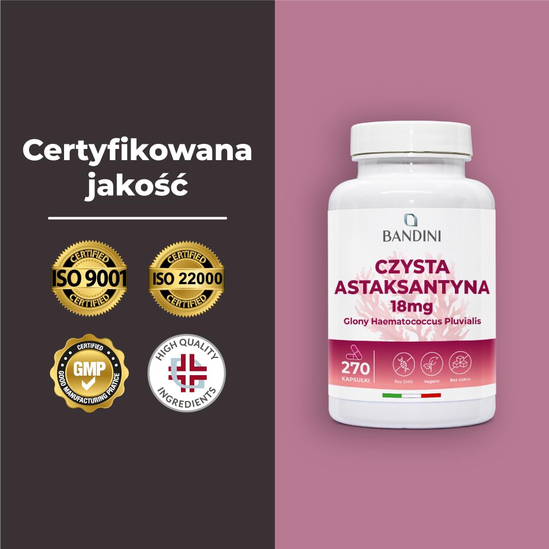Bandini® Natural Astaxanthin - 18 mg 270 kapsułek - Najlepszy antyoksydant pozyskiwany z alg Haematococcus Pluvialis - chroni organizm przed utlenianiem - czysta astaksantyna