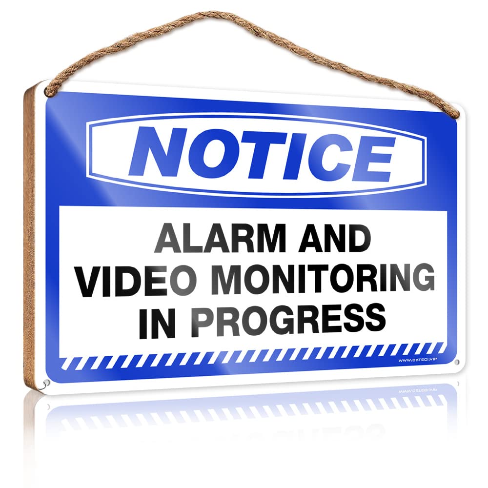FRINTOXA Bathroom Wall Decor Funny Notice Alarm And Video Monitoring In Progress Wooden Sign(15X28CM)
