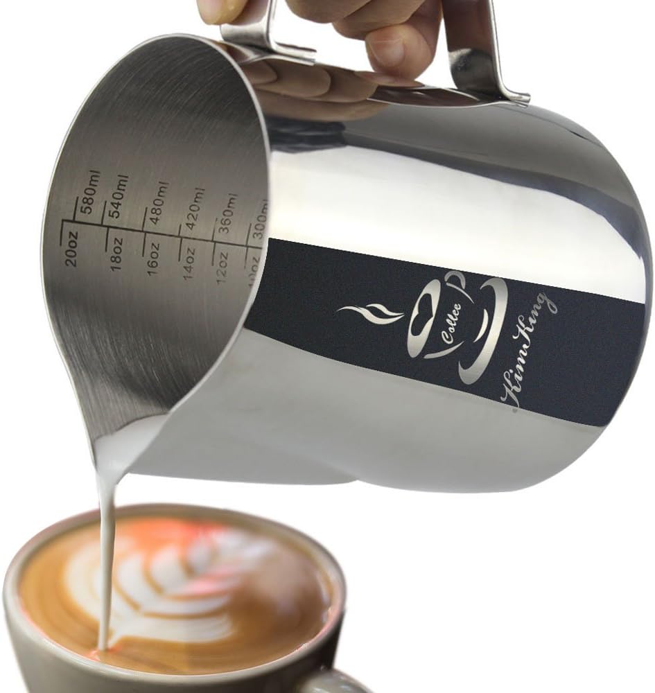 Stainless Steel Frothing Pitcher - 20 oz (600ML) Milk Pitcher Frothing Cup two sides Measuring Scales for Espresso Cappuccino Milk Coffee Latte Art Maker