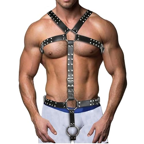 BPZXL Men's Body Harness Belt With O Ring, Adjustable PU Leather Chest Harness for Men, Sexy Male Punk Chest Belt Muscle Show Fashion Costumes Clubwear for Cosplay Party Nightclub