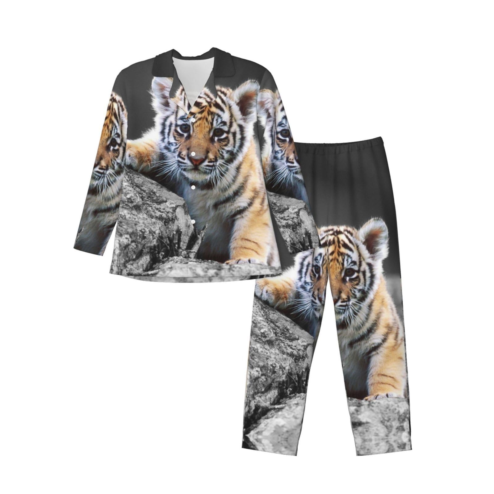 Aseelo Men's Cute Tiger Cub Long-Sleeved Pajama Set Long Sleeve Top And Bottoms Pyjamas Comfortable And Breathable Nightwear Pjs L