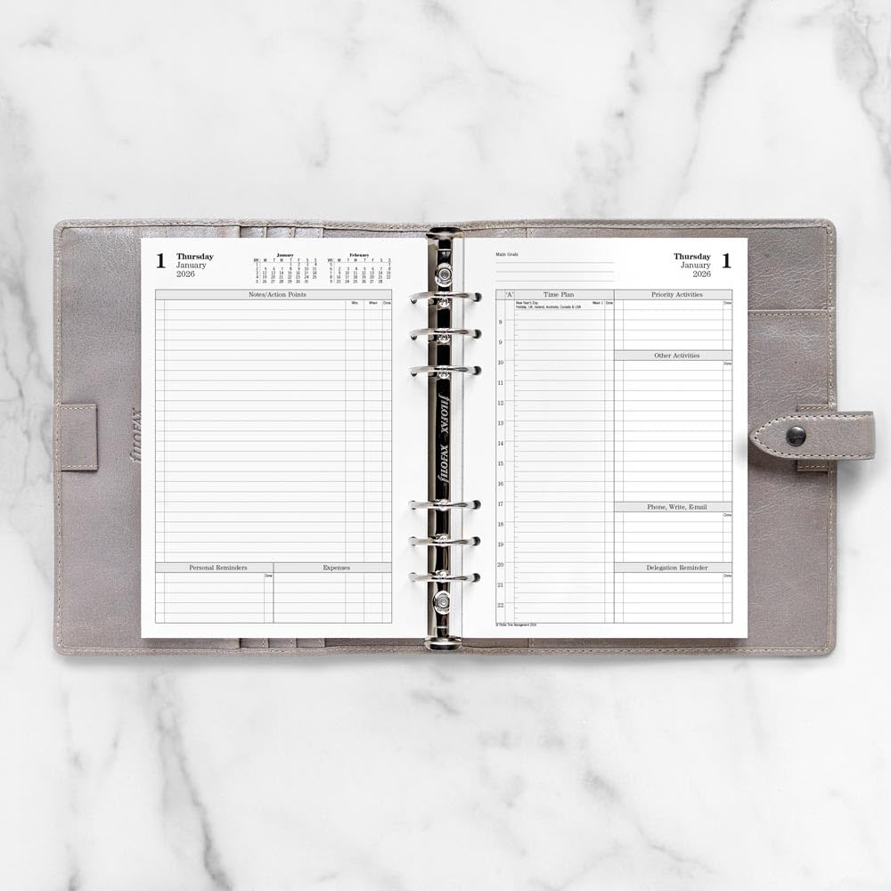 Filofax Ricarica agenda calendario, formato A5, un giorno su due pagine con appuntamenti, gestione del tempo, libro bianco, inglese, 2026 (CTM7031-26)