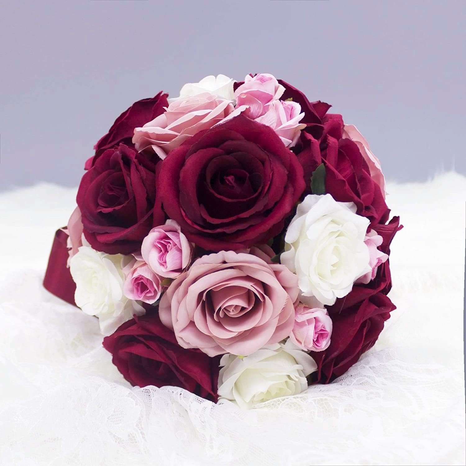 Abbie Home 9 inches Burgundy & Dusty Rose Bouquet-Blush Pink White Blooming Rose Real Touch Bridal Wedding Flowers