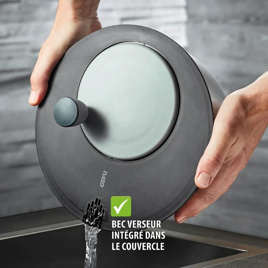 GEFU Essoreuse à salade avec couvercle fraîcheur | Bol en plastique de 3 l avec tamis et manivelle | Noir/gris