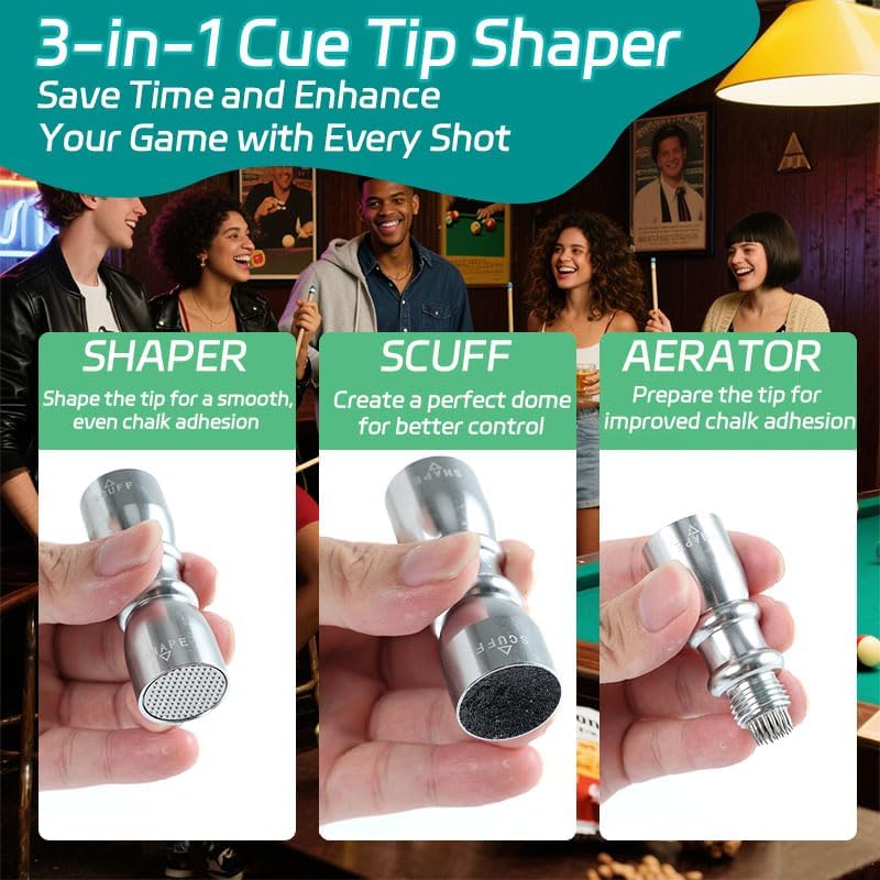 Miniatura 5 de Herramientas de punta de taco de billar premium, moldeador de punta de billar 3 en 1, accesorios de billar compactos y kit de reparación de puntas,