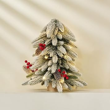 40cm Pre-lit Mini Christmas Tree with LED Lights - Artificial Norfolk Pine Tabletop Tree with Red Berries & Pine Cones, Snow Dusted Tree Decor for Desk Mantel Holiday Home Decor White D