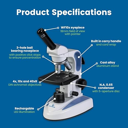 Miniatura 2 de Accu-Scope Microscopio compuesto EXM-150 - Cabeza monocular, aumento 40-400X, diafragma de disco, iluminación LED inalámbrica, microscopio biológico