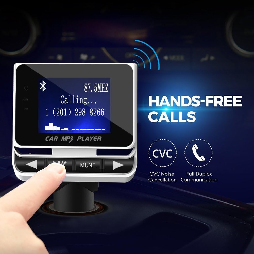 FM transmitter screen showing an incoming call with CVC Noise Cancellation and Full Duplex Communication icons.