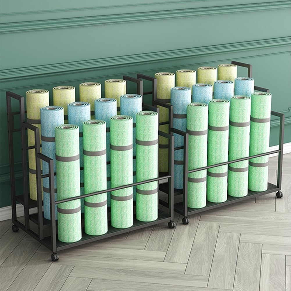 Soporte para Esterilla de Yoga, Estante de Almacenamiento de 3 Niveles con Ruedas, Organizador de Gimnasio para Equipo de Ejercicio, Soporte para esterillas de Yoga, Rodillos de Espuma y blo